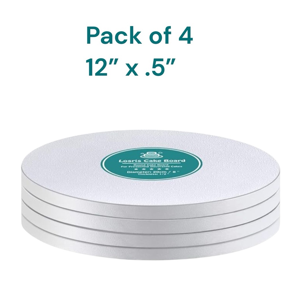 Losris 12” White Round Cake Drum Boards – 1/2” Thick | Set of 4 | New